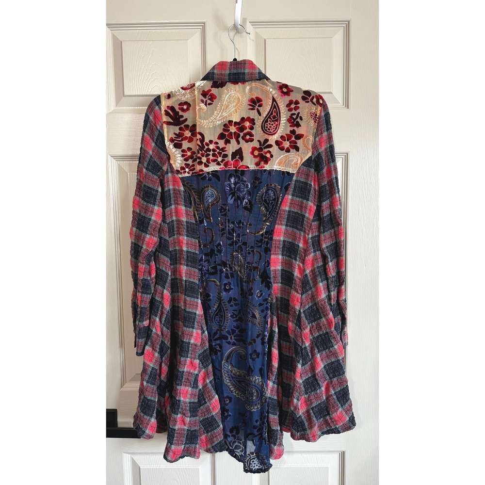 Aratta Silent Journey Plaid Velvet Paisley Mixed Media Tunic Shirt Small Boho